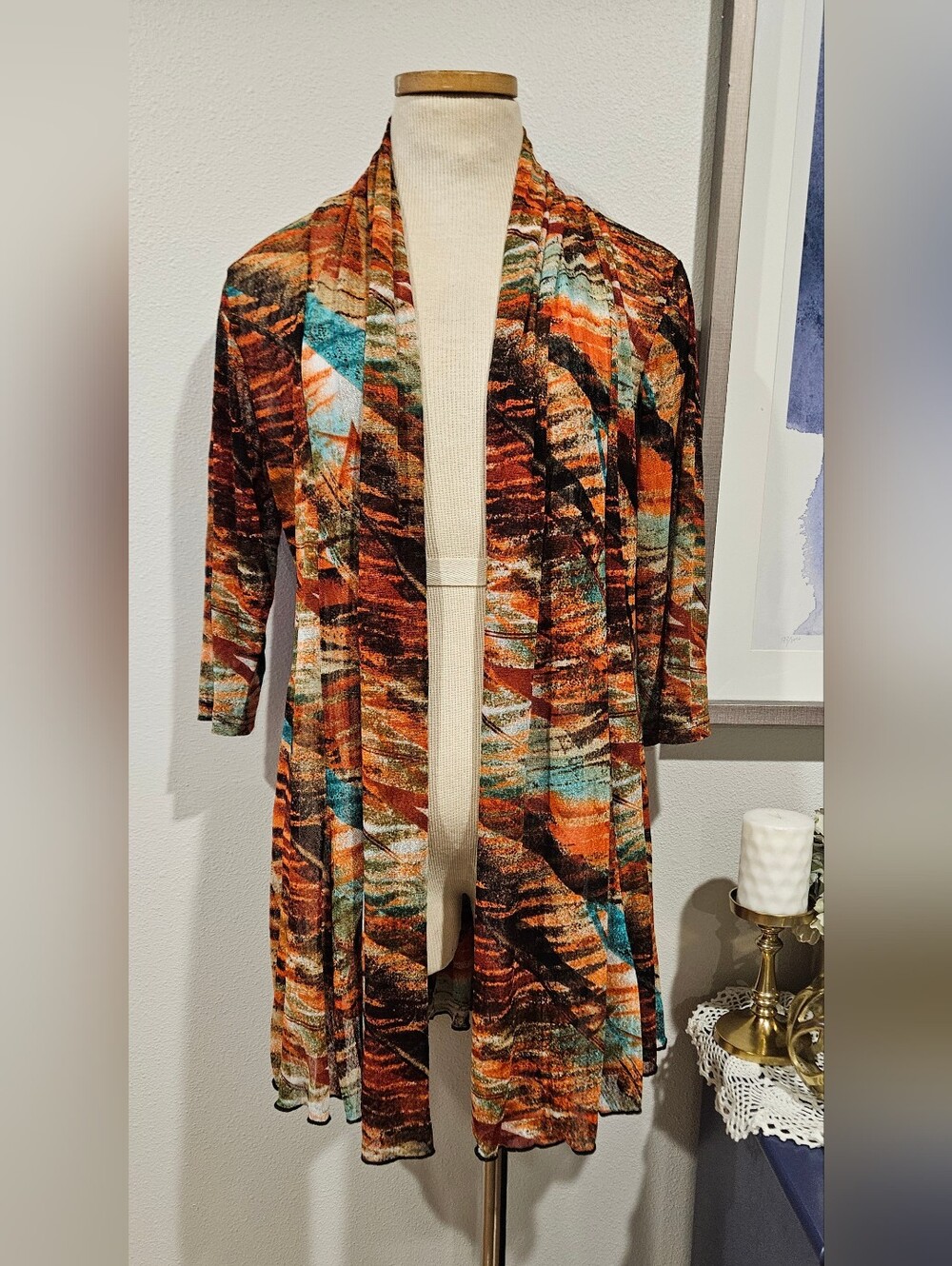 CREATION Boho Artsy Abstract Sediment Print Open Front Cover-up Size L